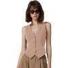 imageQINSEN Womens V Neck Vest Top Sleeveless Button Down Fully Lined Solid Going Out Crop TopsKhaki