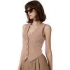 imageQINSEN Womens V Neck Vest Top Sleeveless Button Down Fully Lined Solid Going Out Crop TopsKhaki