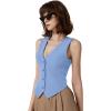 imageQINSEN Womens V Neck Vest Top Sleeveless Button Down Fully Lined Solid Going Out Crop TopsSky Blue