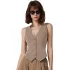 imageQINSEN Womens V Neck Vest Top Sleeveless Button Down Fully Lined Solid Going Out Crop TopsTurner Taupe