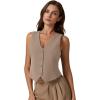 imageQINSEN Womens V Neck Vest Top Sleeveless Button Down Fully Lined Solid Going Out Crop TopsTurner Taupe