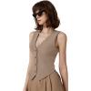 imageQINSEN Womens V Neck Vest Top Sleeveless Button Down Fully Lined Solid Going Out Crop TopsTurner Taupe