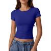 imageQINSEN Short Sleeve Shirts for Women Round Neck Basic Double Lined Tees Fitted Y2k Crop TopsSapphire Blue