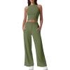 imageQINSEN Womens 2 Piece Sets Summer Ribbed Knit Crop Tank Tops Wide Leg Pants Sleeveless TracksuitMoss Green