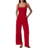 imageQINSEN Womens Casual Loose Overalls Jumpsuit Square Neck One Piece Sleeveless Wide Leg Rompers OutfitsRed