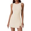 imageQINSEN Womens Crew Neck Tennis Dress Sleeveless Side Slit Golf Athletic Dress Build in Shorts with PocketsBeige
