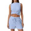 imageQINSEN Womens Crewneck Twist Front Sleeveless Crop Top Tank Drawstring Shorts Casual 2PCS Lounge SetsAiry Blue