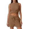 imageQINSEN Womens Crewneck Twist Front Sleeveless Crop Top Tank Drawstring Shorts Casual 2PCS Lounge SetsGolden Brown