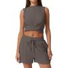 imageQINSEN Womens Crewneck Twist Front Sleeveless Crop Top Tank Drawstring Shorts Casual 2PCS Lounge SetsOrganic Gray