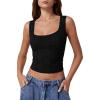 imageQINSEN Womens Lace Trim Square Neck Sleeveless Tank Tops DoubleLayer Slim Fit T Shirt Crop TopsBlack