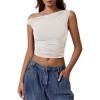 imageQINSEN Womens One Shoulder Sleeveless Basic Top Double Lined Slim Fit T Shirt Cropped TeeWhite