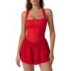imageQINSEN Womens Square Neck Sleeveless Romper Jumpsuit Casual Summer One Piece Outfit with PocketRed