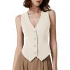 imageQINSEN Womens V Neck Vest Top Sleeveless Button Down Fully Lined Solid Going Out Crop TopsBeige