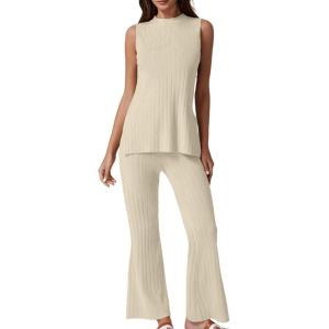 imageQINSEN Lounge Sets for Women Two Piece Outfits Knit Sleeveless Vented Hemline Tops Wide Leg Pants Sweater SetsBeige