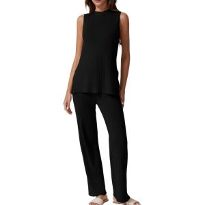 imageQINSEN Lounge Sets for Women Two Piece Outfits Knit Sleeveless Vented Hemline Tops Wide Leg Pants Sweater SetsBlack