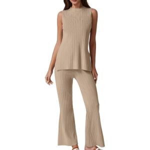 imageQINSEN Lounge Sets for Women Two Piece Outfits Knit Sleeveless Vented Hemline Tops Wide Leg Pants Sweater SetsKhaki