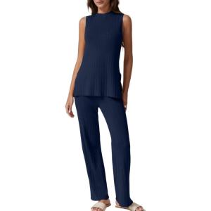 imageQINSEN Lounge Sets for Women Two Piece Outfits Knit Sleeveless Vented Hemline Tops Wide Leg Pants Sweater SetsNavy Blue