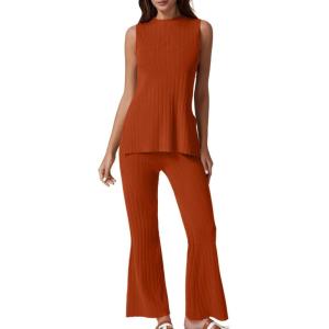 imageQINSEN Lounge Sets for Women Two Piece Outfits Knit Sleeveless Vented Hemline Tops Wide Leg Pants Sweater SetsRooibos Tea