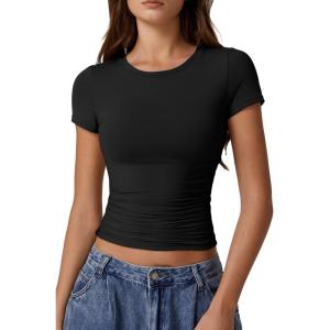 imageQINSEN Short Sleeve Shirts for Women Round Neck Basic Double Lined Tees Fitted Y2k Crop TopsBlack