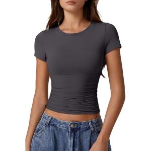 imageQINSEN Short Sleeve Shirts for Women Round Neck Basic Double Lined Tees Fitted Y2k Crop TopsDark Grey