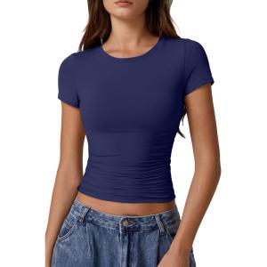 imageQINSEN Short Sleeve Shirts for Women Round Neck Basic Double Lined Tees Fitted Y2k Crop TopsEstate Blue