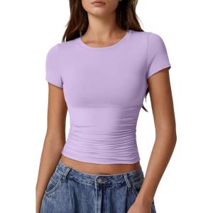 imageQINSEN Short Sleeve Shirts for Women Round Neck Basic Double Lined Tees Fitted Y2k Crop TopsLavender