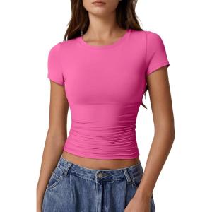 imageQINSEN Short Sleeve Shirts for Women Round Neck Basic Double Lined Tees Fitted Y2k Crop TopsMagenta