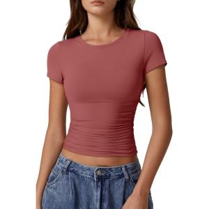 imageQINSEN Short Sleeve Shirts for Women Round Neck Basic Double Lined Tees Fitted Y2k Crop TopsMerlot