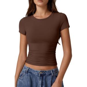 imageQINSEN Short Sleeve Shirts for Women Round Neck Basic Double Lined Tees Fitted Y2k Crop TopsMocha