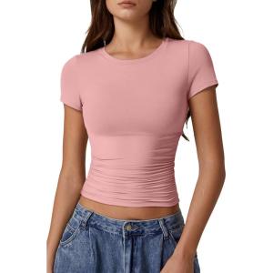imageQINSEN Short Sleeve Shirts for Women Round Neck Basic Double Lined Tees Fitted Y2k Crop TopsPink
