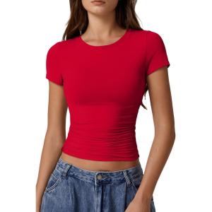 imageQINSEN Short Sleeve Shirts for Women Round Neck Basic Double Lined Tees Fitted Y2k Crop TopsRed
