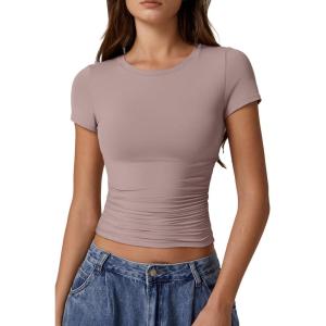 imageQINSEN Short Sleeve Shirts for Women Round Neck Basic Double Lined Tees Fitted Y2k Crop TopsRose Taupe