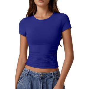 imageQINSEN Short Sleeve Shirts for Women Round Neck Basic Double Lined Tees Fitted Y2k Crop TopsSapphire Blue
