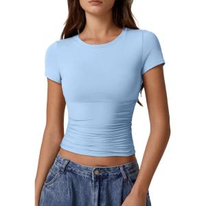 imageQINSEN Short Sleeve Shirts for Women Round Neck Basic Double Lined Tees Fitted Y2k Crop TopsSky Blue