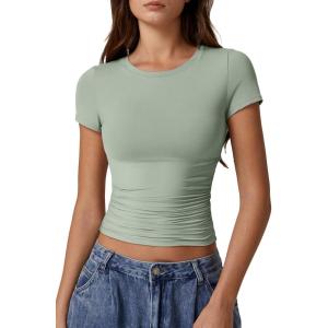 imageQINSEN Short Sleeve Shirts for Women Round Neck Basic Double Lined Tees Fitted Y2k Crop TopsSmoke Green