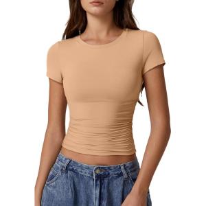 imageQINSEN Short Sleeve Shirts for Women Round Neck Basic Double Lined Tees Fitted Y2k Crop TopsTan