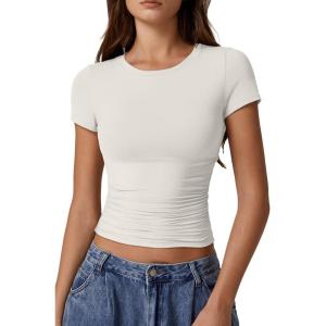 imageQINSEN Short Sleeve Shirts for Women Round Neck Basic Double Lined Tees Fitted Y2k Crop TopsWhite