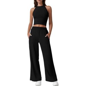 imageQINSEN Womens 2 Piece Sets Summer Ribbed Knit Crop Tank Tops Wide Leg Pants Sleeveless TracksuitBlack