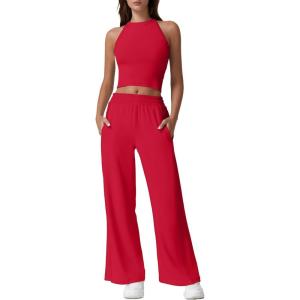 imageQINSEN Womens 2 Piece Sets Summer Ribbed Knit Crop Tank Tops Wide Leg Pants Sleeveless TracksuitRed