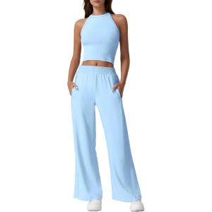 imageQINSEN Womens 2 Piece Sets Summer Ribbed Knit Crop Tank Tops Wide Leg Pants Sleeveless TracksuitSky Blue