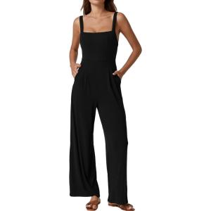 imageQINSEN Womens Casual Loose Overalls Jumpsuit Square Neck One Piece Sleeveless Wide Leg Rompers OutfitsBlack
