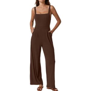 imageQINSEN Womens Casual Loose Overalls Jumpsuit Square Neck One Piece Sleeveless Wide Leg Rompers OutfitsChestnut