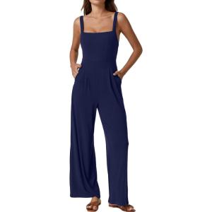 imageQINSEN Womens Casual Loose Overalls Jumpsuit Square Neck One Piece Sleeveless Wide Leg Rompers OutfitsNavy Blue