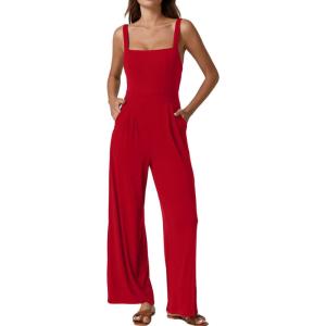 imageQINSEN Womens Casual Loose Overalls Jumpsuit Square Neck One Piece Sleeveless Wide Leg Rompers OutfitsRed