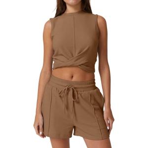 imageQINSEN Womens Crewneck Twist Front Sleeveless Crop Top Tank Drawstring Shorts Casual 2PCS Lounge SetsGolden Brown