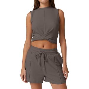 imageQINSEN Womens Crewneck Twist Front Sleeveless Crop Top Tank Drawstring Shorts Casual 2PCS Lounge SetsOrganic Gray