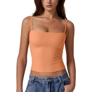 imageQINSEN Womens Double Lined Basic Tank Top Adjustable Spaghetti Straps Sleeveless Camisole ShirtsAmber Yellow