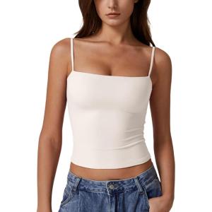 imageQINSEN Womens Double Lined Basic Tank Top Adjustable Spaghetti Straps Sleeveless Camisole ShirtsBeige
