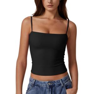 imageQINSEN Womens Double Lined Basic Tank Top Adjustable Spaghetti Straps Sleeveless Camisole ShirtsBlack