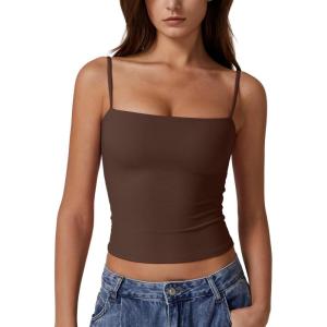 imageQINSEN Womens Double Lined Basic Tank Top Adjustable Spaghetti Straps Sleeveless Camisole ShirtsChestnut